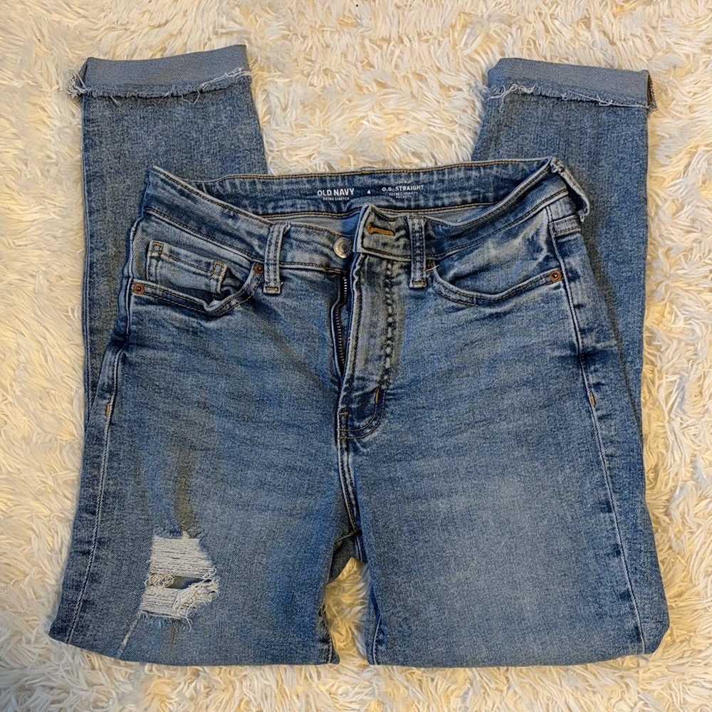 Old Navy Women's Distressed High-Rise O.G. Straight Blue Jeans